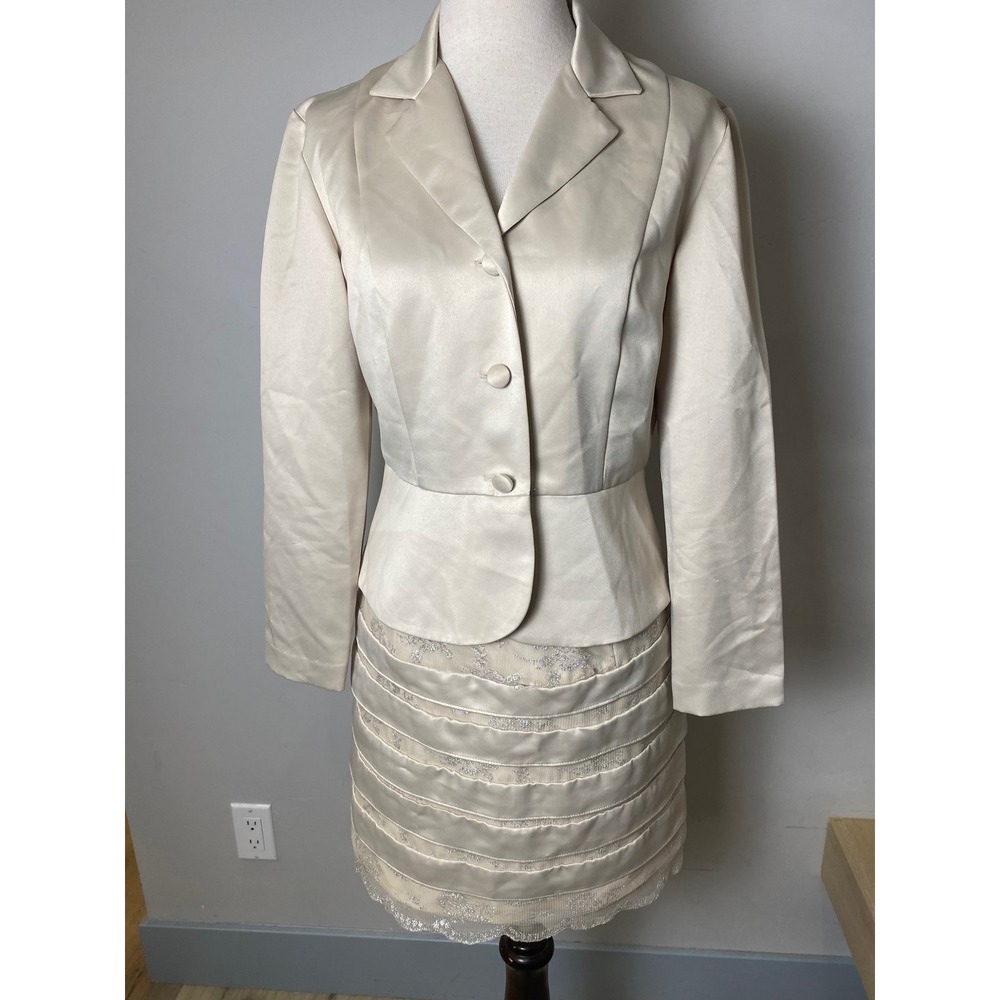 K Petite Vintage 90s Champagne Satin Peplum Blazer and Lace Tiered Skirt Suit 6P